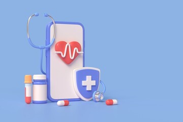 3d smartphone, a shield with a plus, a heart sign, a jar of pills and a test tube. the concept of an appointment with a doctor or an online application of medical services.3d rendering