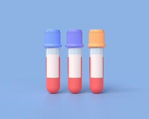 3d blood test tubes in cartoon style. healthcare and medicine concept. illustration isolated on blue background. 3d rendering