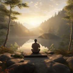 This image features a person practicing yoga in a peaceful environment