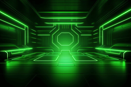 Abstract neon green background, cyber space, parallel universe, lines, stripes, glow. AI generated
