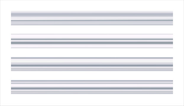 A set of eiling cornice. White molding. Can be used to decorate any interior as an artistic element on house walls, ceilings, smooth surfaces. Realistic vector illustration isolated on white.