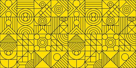Bauhaus pattern minimal 20s geometric line style with geometry figures and shapes circle, triangle. square on yellow background. Human psychology and mental health concept illustration. Vector 10 eps