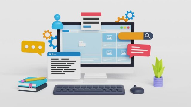 3D Web design concept, web development, application design, coding, and web building on white background. 4k 3d loop animation