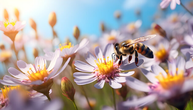 Bee in colorful flower field in springtime - Generativ AI