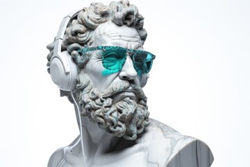 Bust of Hercules wearing blue glasses with white headphones on his head. Creative concept of music.