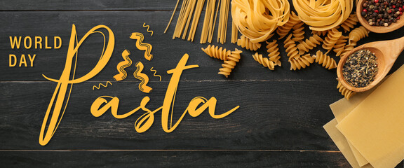 Banner for World Pasta Day with dry pasta and spices