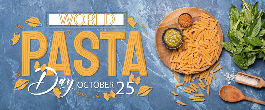 Banner for World Pasta Day with dry pasta and sauces