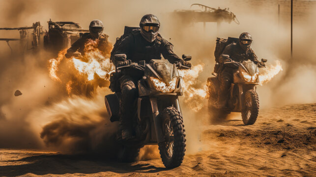 Action Sport Three Riders on ATV Bikes in a Cloud of Smoke and Fire AI Generated