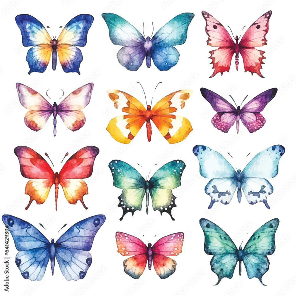 Wall mural Vibrant Watercolor Butterflies: Colorful Set with White Backdrop