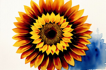 Watercolor drawing. Big sunflower on a white and blue background