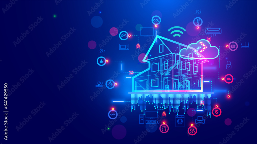 Poster 3d blueprint plan of smart home with icons IOT devices. Smart home conceptual banner. Building House system internet of things. IOT in Smart Home technology. System remote controls domestic devices.