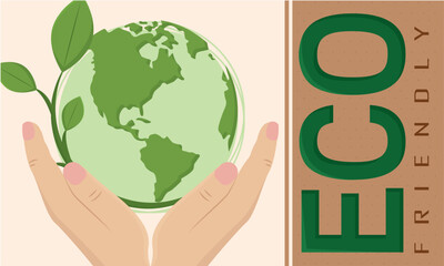 Pair of hands holding green planet earth Eco friendly horizontal poster Vector