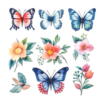 Vibrant Watercolor Butterflies: Colorful Set with White Backdrop