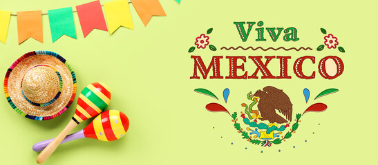 Banner for Happy Mexican Independence Day with sombrero hat and maracas
