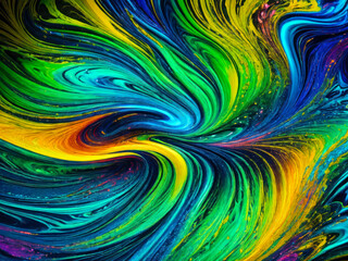 Abstract fluid art, ornament with neon blue,  green and lemon splash, swirls, flow, dynamic, expressive