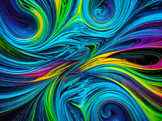 Abstract fluid art, ornament with neon blue,  green and lemon splash, swirls, flow, dynamic, expressive