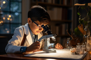 indian boy and chemistry experiment and microscope. - obrazy, fototapety, plakaty