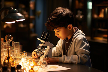 indian boy and chemistry experiment and microscope. - Powered by Adobe