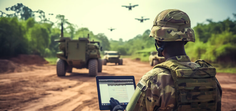 Soldier in uniform analyze data on a tablet and work out drones tactics at a temporary base. Programming control with artificial intelligence, online coordination of the military team, digital ai