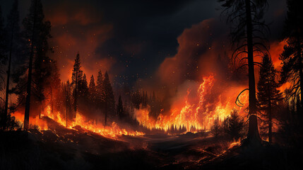 Intense flames from a massive forest fire. Flames light up the night