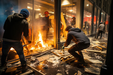 Pogroms and riots in night city. People smash shop windows with firebombs