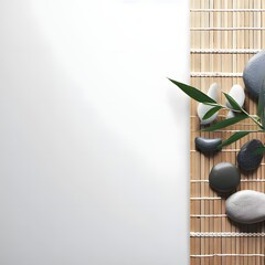 Product background, white zen themed with a bamboo mat, top down, large copy space