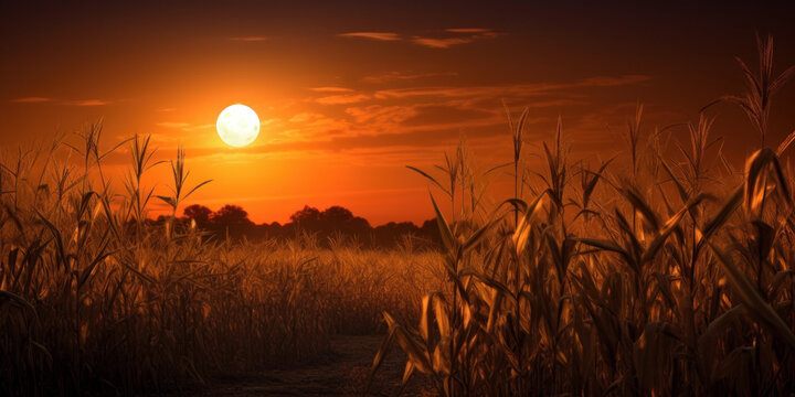 harvest moon rising over a field of corn stalks