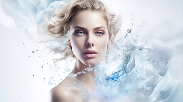 Young woman  Girl in abstract smoke  and water drops Fashion spa salon advertising. Abstract fashion concept.
