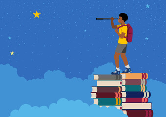 Journey of discovery with a cartoon illustration, a young black boy, backpack on his shoulders, stands atop books, gazing at the stars through a telescope