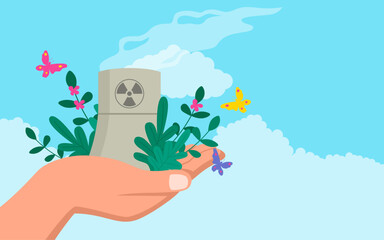 Hand holding nuclear power plant. This image represents the dual nature of nuclear power, evoking thoughtful conversations on its benefits and challenges in the modern energy landscape