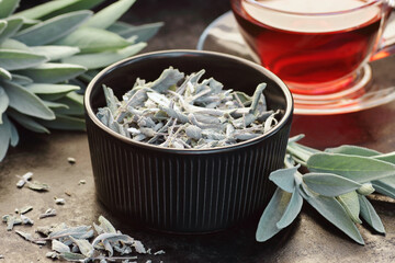 Dried clary sage in a bowl with fresh leaves and a cup of tea on texture black background, green...
