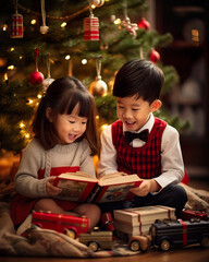 Joyful Asian Siblings Celebrating Christmas with Gifts by the Tree. Generative AI