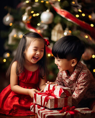 Obraz na płótnie Canvas Joyful Asian Siblings Celebrating Christmas with Gifts by the Tree. Generative AI