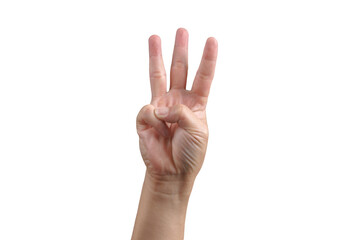 Cut out of Man hand show 3 fingers gesture isolated from background. Number three concept.