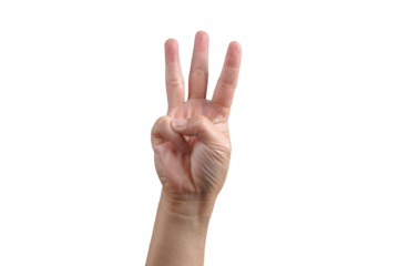 Cut out of Man hand show 3 fingers gesture isolated from background. Number three concept.