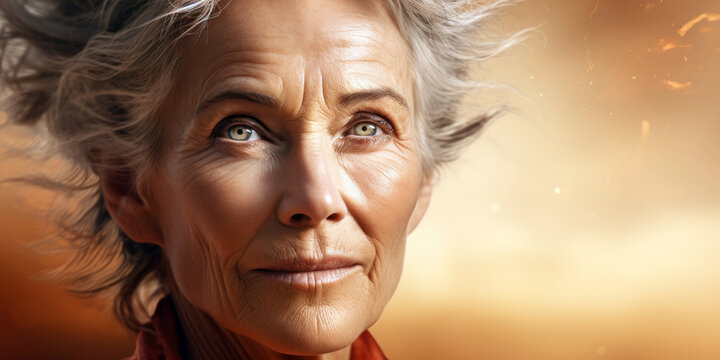 woman's gracefully aging face, showing wisdom and experience against a warm, earth-tone background, room for copyspace