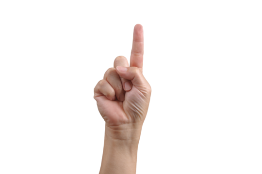 Cut out of Man hand show 1 fingers gesture isolated from white background. Number one, pointing concept.