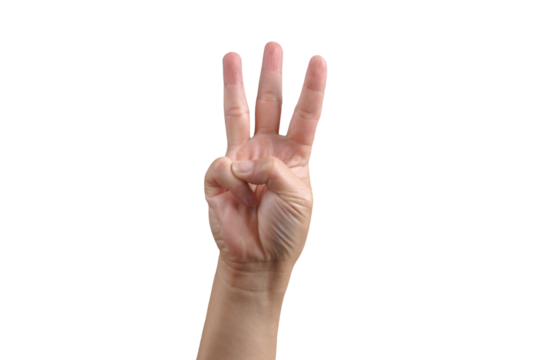 Cut out of Man hand show 3 fingers gesture isolated from background. Number three concept.