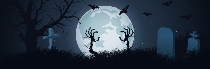 Halloween scary night vector background. Dead trees and old cemetery illustration