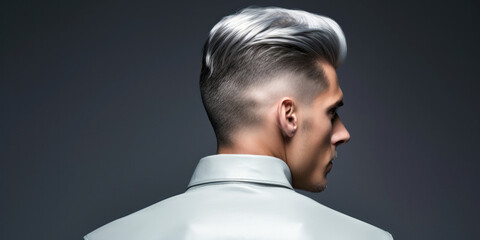 man's stylish undercut hairstyle, blending modern and classic, set against a sleek silver...