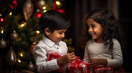 Joyful Indian Siblings Embracing Christmas Spirit with Gifts by Tree. Generative AI