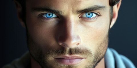 Obraz premium man's striking blue eyes, capturing their depth and intensity against a light gray background, room for copyspace