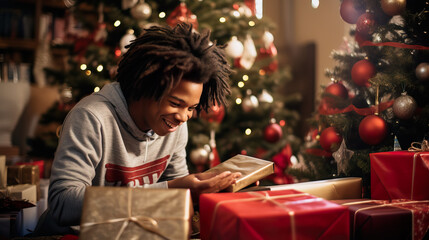  Joyful African American Teenage Boy Celebrating Christmas with Gifts and Tree. Generative AI