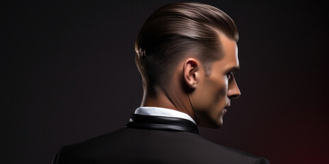 man's slicked-back hairstyle, emphasizing its texture and shine against a dark brown background, room for copyspace