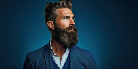 man with a perfectly groomed beard, set against a deep blue background, room for copyspace