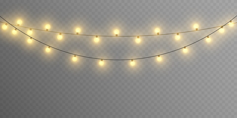 Christmas lights set. Vector New Year decorates garland with glowing light bulbs