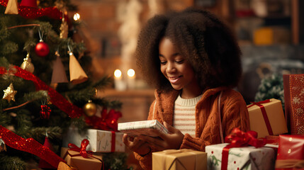 Fototapeta na wymiar Joyful African American Teenage Girl Celebrating Christmas with Gifts by the Tree. Generative AI
