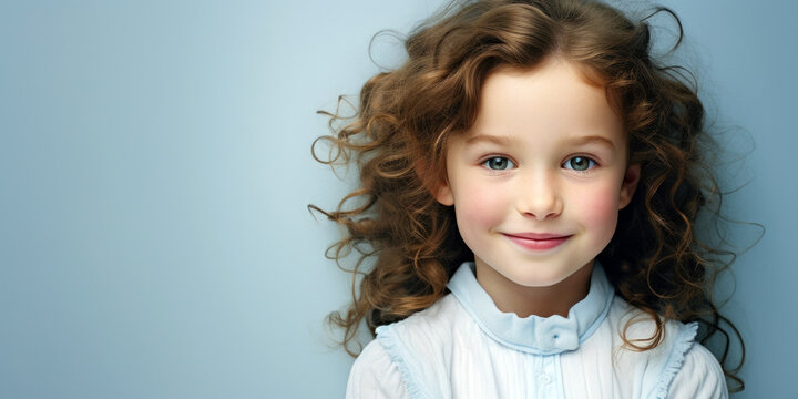 child's rosy cheeks and button nose, radiating innocence against a powder blue background