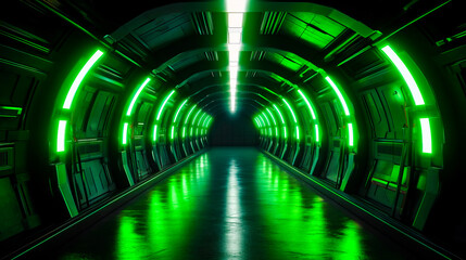 Long tunnel with green lights and long walkway leading into the distance. Generative AI