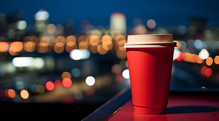 red cup of coffee in woman hand  in street cafe at night ,view on rainy city blurred light and houses,